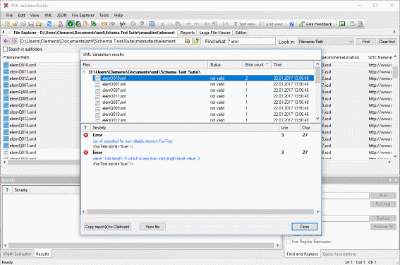 Dialog with results of XML validator