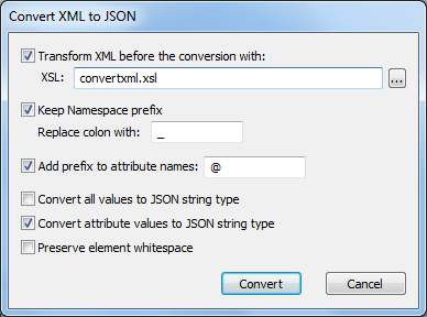 XML to JSON options dialog