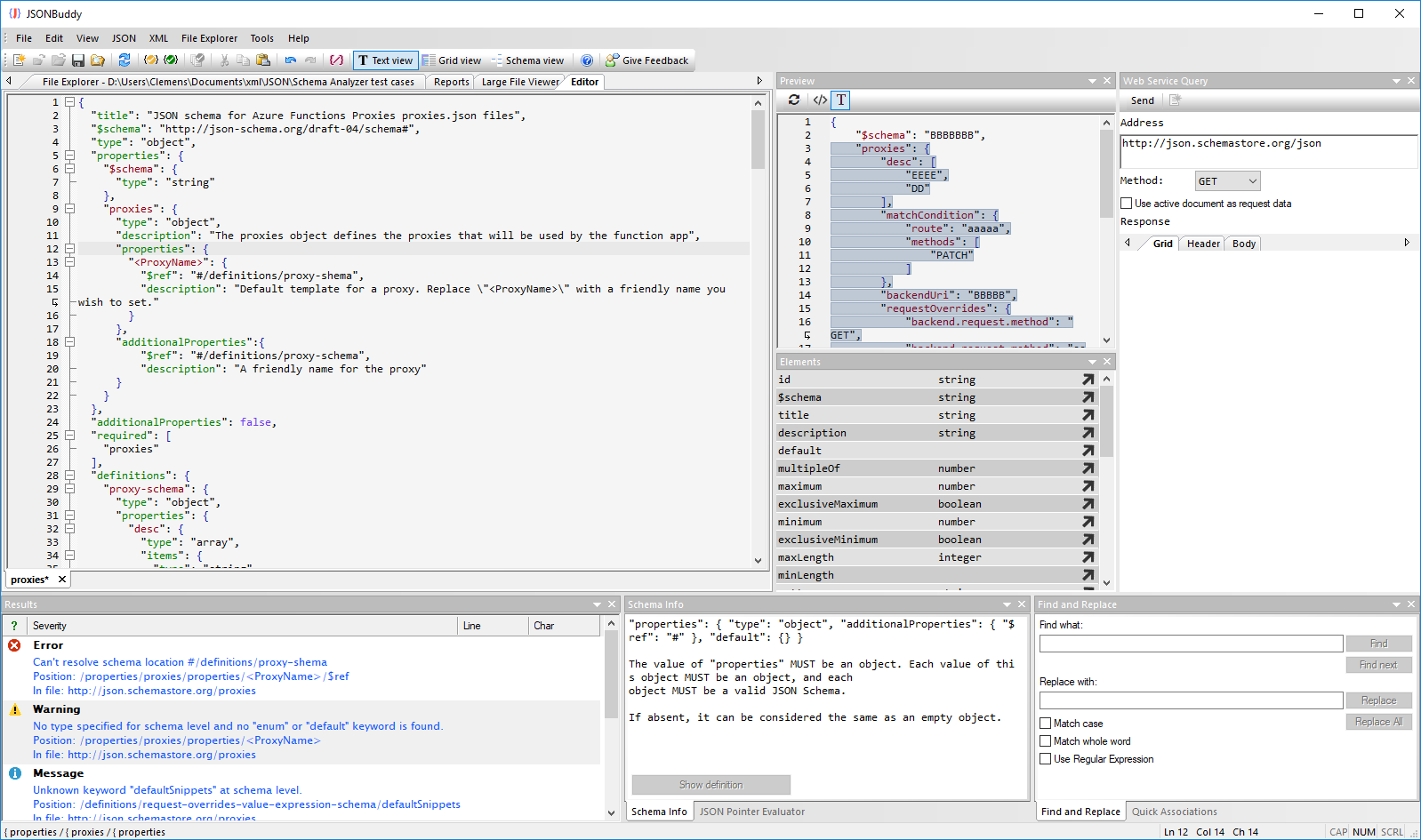 Editor layout for working with JSON schema documents