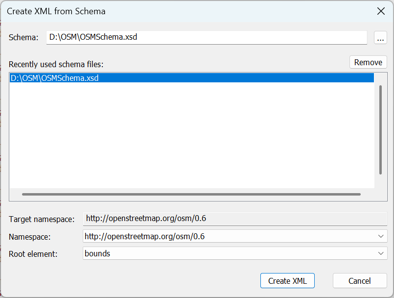 Create xml from schema dialog