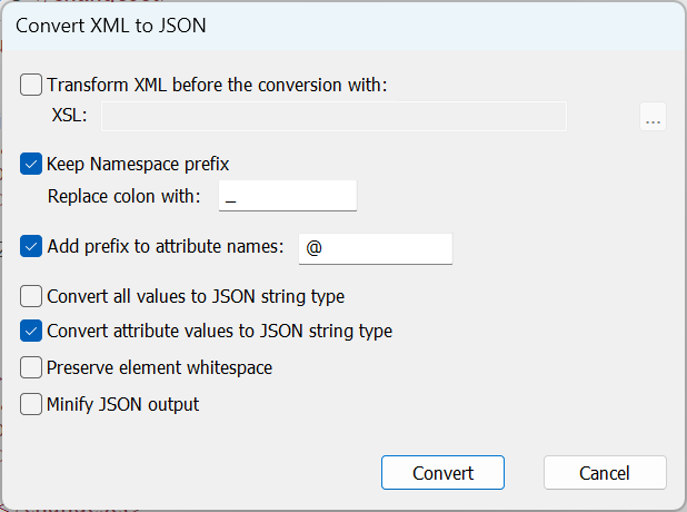 XML to JSON options dialog