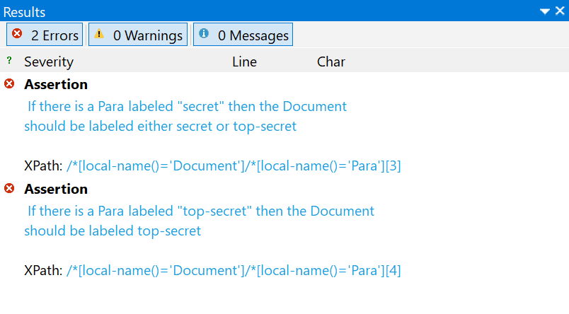 Application screen-shot of Schematron results and XPath error location
