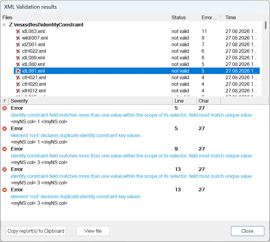 Dialog showing XML validator results