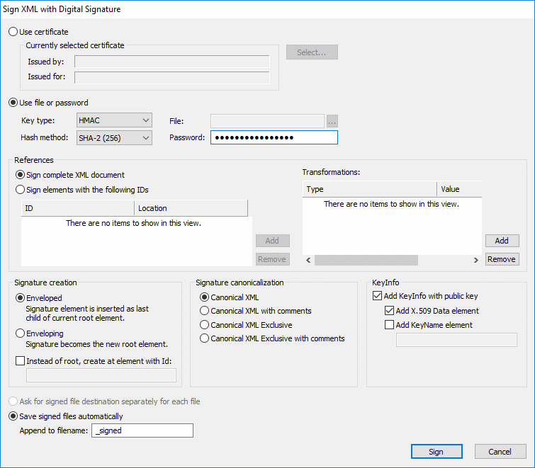 Sign XML with SHA-2