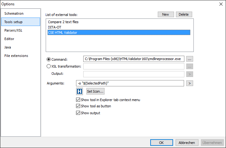 CSE HTML Validator as external tool