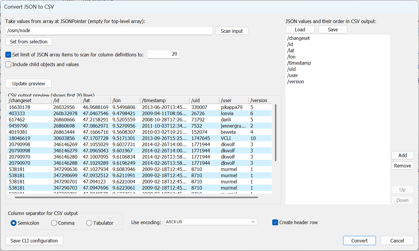 Screenshot of convert JSON dialog
