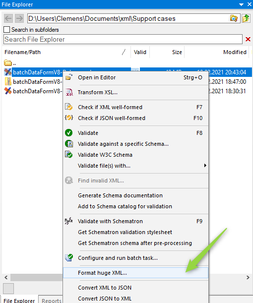 XML ValidatorBuddy File Explorer menu for formatting a huge XML file