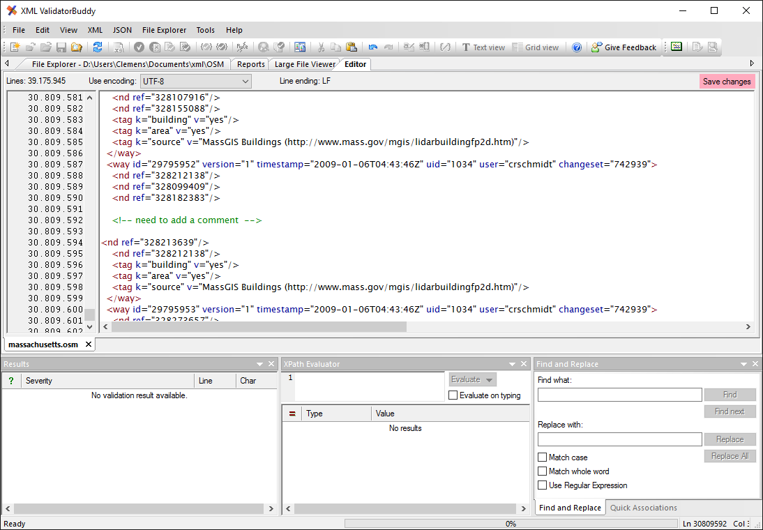 Große XML-Datei im speziellen Editor von XML ValidatorBuddy