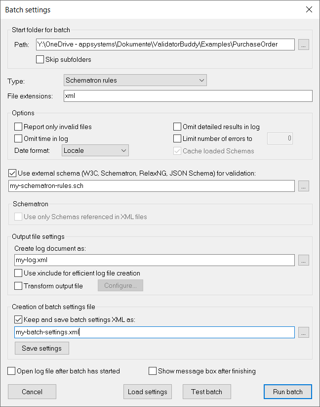 Batch settings for Schematron in dialog